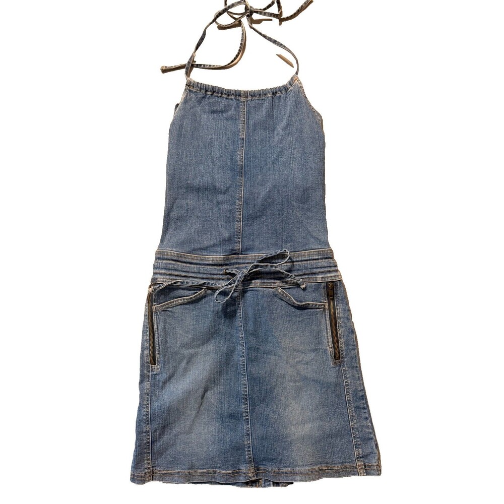 Vintage Y2K Hotkiss Denim Halter Dress Blue Jeans Mini Drawstring Zip Pockets Sm